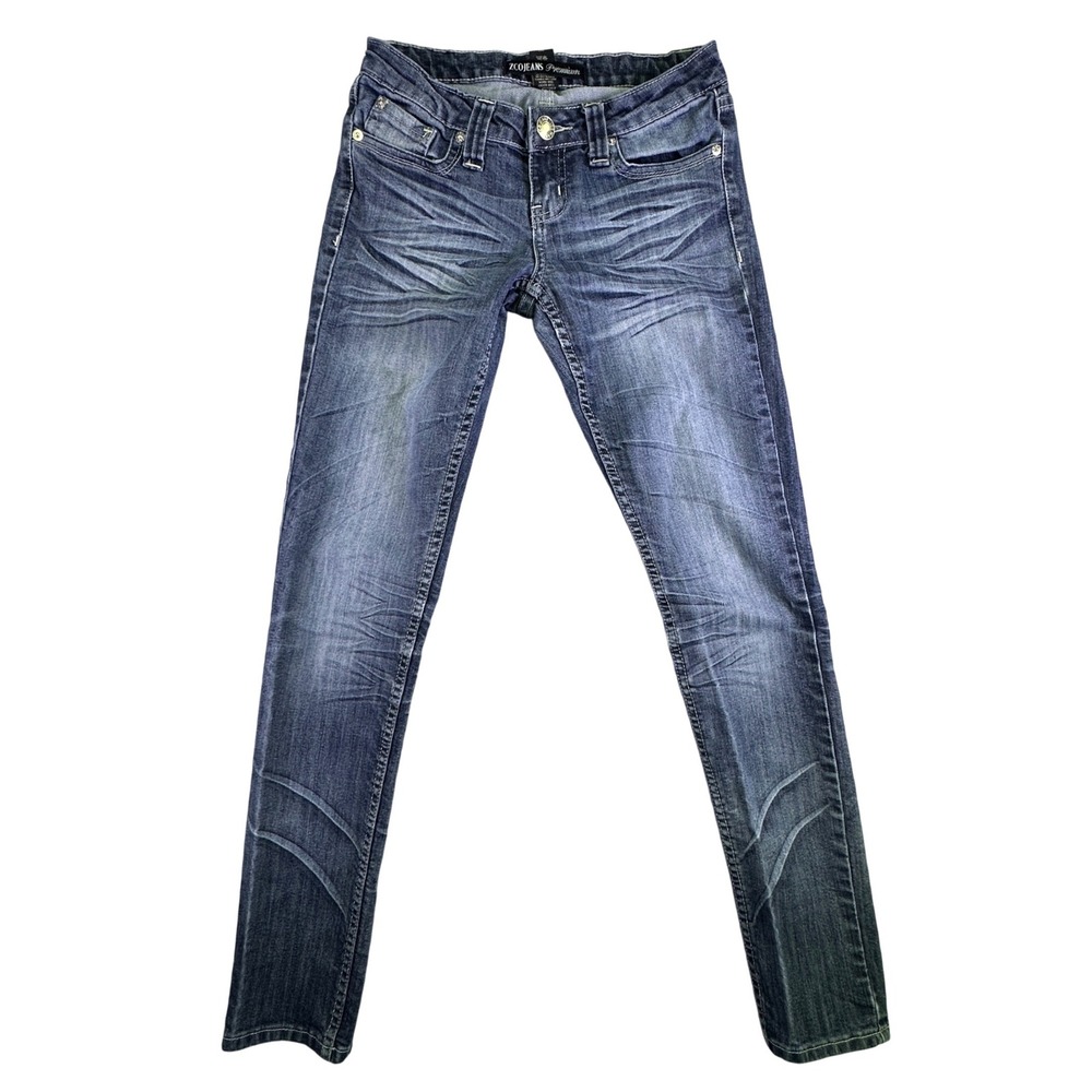 ZCO Jeans Women's Size 5 Premium Skinny Dark‎ Wash Whiskered Low Rise Denim